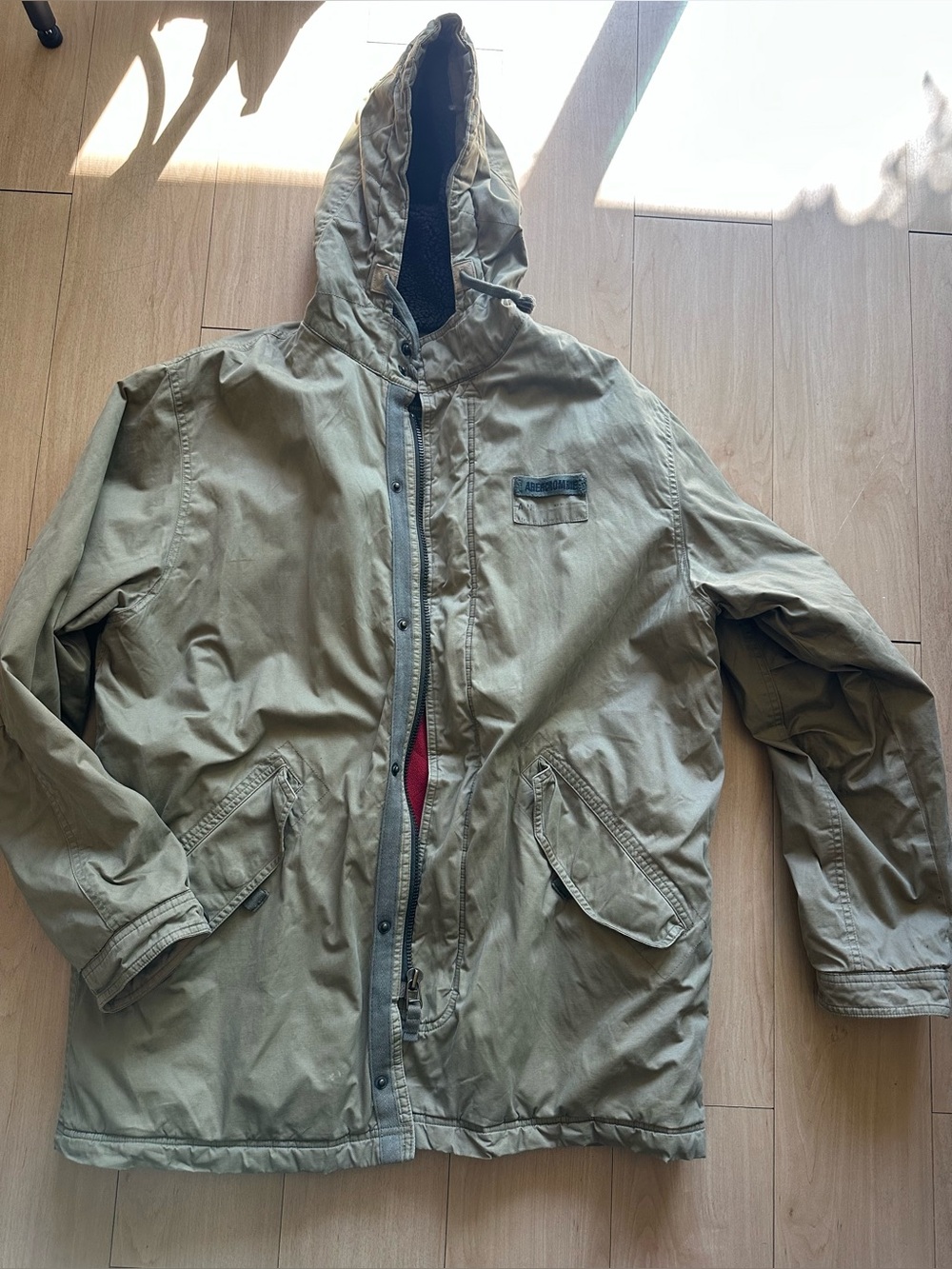 VTG 90s Abercrombie & Fitch Mens Khaki Lined Hooded Military Jacket Size Medium